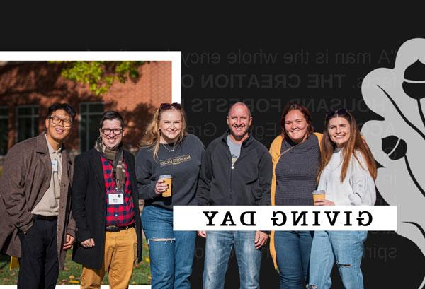 Image advertises Giving Day with faculty standing together in a photo taken during homecoming week.